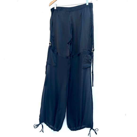 Orna Farho Georgette Silk Satin Sheer Cargo Joggers Pants Black 42 Size 10 - Picture 8 of 13